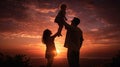 Portraying a Heartwarming Family Bond, as the Father Raises His Baby High in the Air, Embracing the Magic of Twilight. Generative