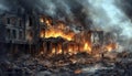 Portraying war-affected buildings and surroundings consumed by flames 01