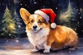 Portret of cute Corgi dog in a New Year\'s red hat in the forest on Christmas night.