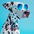 portret of dalmatian in sunglasses isolated on blue background