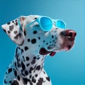 portret of dalmatian in sunglasses isolated on blue background