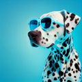 portret of dalmatian in sunglasses isolated on blue background