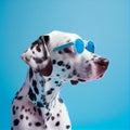 portret of dalmatian in sunglasses isolated on blue background