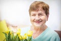 Portret of smiling, positive senior elderly woman with bunch of yellow flowers tulipan. Happy, healthy grandmother. Royalty Free Stock Photo