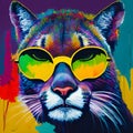 Portret of wild puma in yellow glasses on painting background