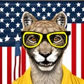 Portret of wild styled puma in yellow glasses on USA flag