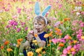 Portriat of adorable, charming toddler girl with Easter bunny ears eating chocolate bunny figure in flowers meadow