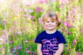 Portriat of adorable, charming toddler girl in flowers meadow. Smiling happy baby child on summer day with colorful