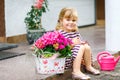 Portriat of adorable, charming toddler girl sitting by house with flowers. Smiling happy baby child on summer day with