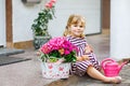 Portriat of adorable, charming toddler girl sitting by house with flowers. Smiling happy baby child on summer day with