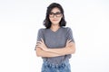 Portriat of Beautiful young Asian woman wearing eyeglasses, looking away and standing isolated on white background. Proud student Royalty Free Stock Photo