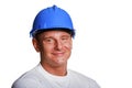 Portriat of man with helmet, worker white shirt. Royalty Free Stock Photo