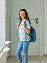 child backpack house leaving education school family home girl woman mother student female happy morning ready teen Royalty Free Stock Photo