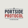 Portside Protocol with navy blue and red lettering and ship silhouette on light gray background Royalty Free Stock Photo
