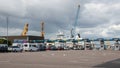 Cars and caravans queued to enter the ferry at Portsmouth international ferry port