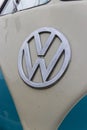 A close up of a chrome VW or volkswagen badge on a camper van
