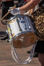 11/11/2019 Portsmouth, Hampshire, UK A close up a drum being played by a drummer in a marching band