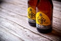 02-08-2021 Portsmouth, Hampshire, UK A close up of the labels of Leffe zero alcohol beer bottles, alcohol free drinks Royalty Free Stock Photo
