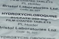 04/07/2020 Portsmouth, Hampshire, UK A close up of a packet of Hydroxychloroquine with selective focus, a medication used for