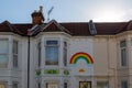 08/02/2020 Portsmouth, Hampshire, UK the front of an English house painted with a rainbow during the Covid-19 outbreak or