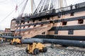 the gangway of HMS Victory in Portsmouth dockyard, The worlds oldest commissioned warship,