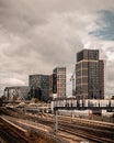 The growing skyline of Portsmouth city centres modern buildings overlooking railway tracks