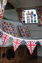 08/04/2019 Portsmouth, Hampshire, UK the interior of a VW or Volkswagen camper van with union jack bunting