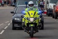 06-16-2020 Portsmouth, Hampshire, UK, A Police motorcycle rider at the front of a motorcade protecting foreign officials