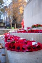 11/11/2019 Portsmouth, Hampshire, UK Red poppy wreaths laid around a war memorial for remembrance day Royalty Free Stock Photo
