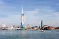 06/06/2019 Portsmouth, Hampshire, UK The spinnaker tower with a speedboat in the foreground and gunwharf quays with the spinnaker