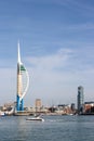 06/06/2019 Portsmouth, Hampshire, UK The spinnaker tower with a speedboat in the foreground and gunwharf quays with the spinnaker