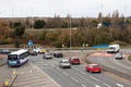 Traffic approaching a roundabout on british roads