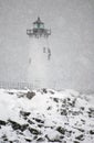 Portsmouth Harbor Lighthouse Shines Green Light During Snowstorm