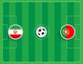 Portugal against Iran. Top view of an illustration of a football field with round flags of teams. Vector
