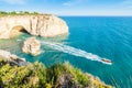 Portugal Algarve beach cave visited by experience boat. Royalty Free Stock Photo