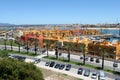 Portugal. Algarve. Portimao. Yellow buildings on blue water background. Horizontal view.