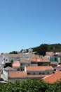 Portugal, Algarve. Red roofs of white houses with green bushes on blue sky background, vertical view. Royalty Free Stock Photo