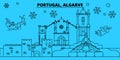 Portugal, Algarve winter holidays skyline. Merry Christmas, Happy New Year decorated banner with Santa Claus.Portugal