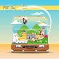 Portugal background with national landmark icons in flat style