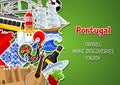 Portugal background with stickers. Portuguese national traditional symbols and objects