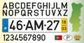 Portugal car license plate, letters, numbers and symbols