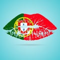 Portugal Flag Lipstick On The Lips Isolated On A White Background. Vector Illustration. Royalty Free Stock Photo