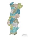 Portugal higt detailed map with subdivisions. Administrative map of Portugal with districts and cities name, colored by states and