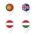 Portugal, Iceland, Austria, Hungary flag. Map pointer icon