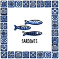 Portugal landmarks set. Fresh shellfish, traditional delicacy seafood. Shellfish in frame of Portuguese tiles. Sketch