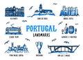 Portugal landmarks set. Handdrawn sketch style vector illustration