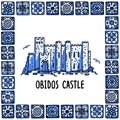 Portugal landmarks set. Obidos castle. Landscape of the old castle in a frame of Portuguese tiles, azulejo. Handdrawn Royalty Free Stock Photo