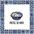 Portugal landmarks set. Pastel de nata, traditional portuguese dessert Egg Tart. Pastry in frame of Portuguese tiles