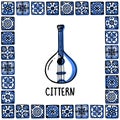 Portugal landmarks set. Portuguese fado guitar, cittern. Guiter in frame of Portuguese tiles, azulejo. Handdrawn sketch