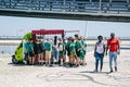 Portugal, Lisbon 29 april 2018: pupils at street buy street food or fresh juice.